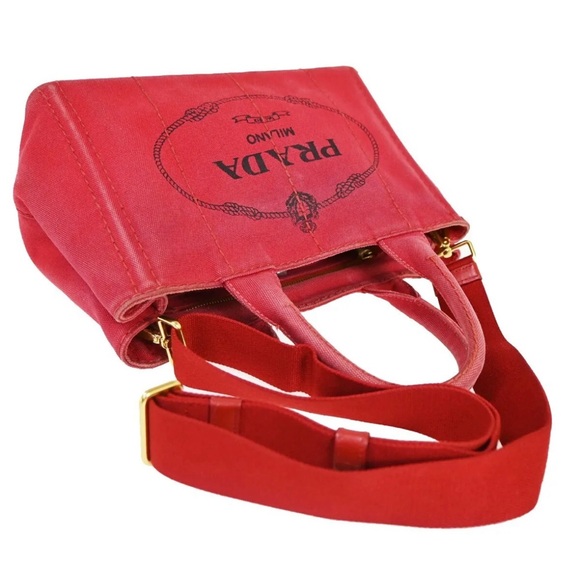 PRADA Logo Mini CANAPA 2Way Shoulder Bag Canvas leather Red Gold with COA - Picture 5 of 15